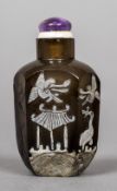 A Chinese cameo glass snuff bottle Decorated with cranes and bats and a pagoda. 6.5 cm high.
