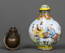 A Chinese enamelled snuff bottle and stopper Worked with children herding goats;