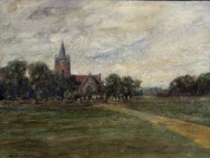 MORTIMER MEMPES (1855-1939) Thames Valley Church Oil on canvas Signed, inscribed to verso 54.