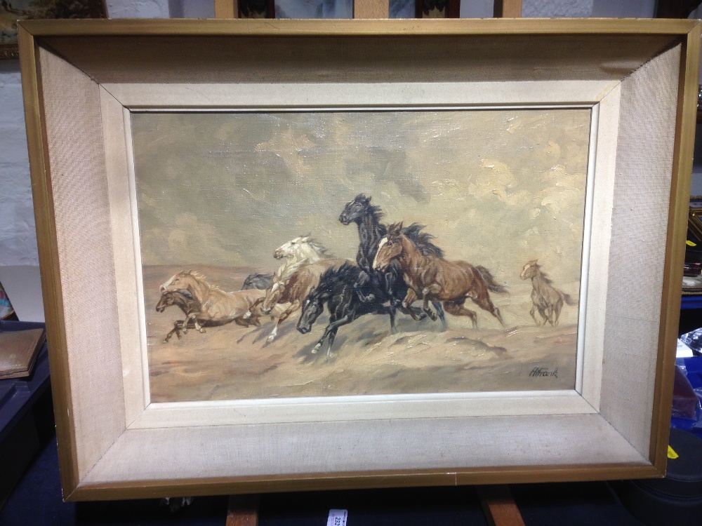 H FRANK (20th century) Stampede Oil on canvas Signed 44 x29 cm, - Image 2 of 2