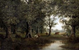 M KOUFMAN (19th century) British Figure and Cattle Resting in an Extensive Woodland River