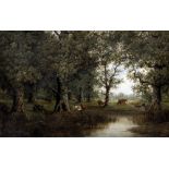 M KOUFMAN (19th century) British Figure and Cattle Resting in an Extensive Woodland River