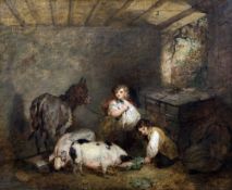 GEORGE MORLAND (1763-1804) British Stable Interior With a Donkey and Children Feeding Pigs Oil on