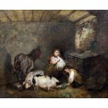 GEORGE MORLAND (1763-1804) British Stable Interior With a Donkey and Children Feeding Pigs Oil on