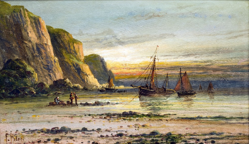 FRANK HIDER (1861-1933) British Landing the Catch at Low Tide Oil on canvas Signed 49 x 29 cm,