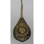 A 19th century gold thread and beadwork velvet bag, possibly Turkish 22 cm high.