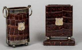 An early 20th century Sterling silver mounted crocodile skin desk tidy Of oval form with twin loop