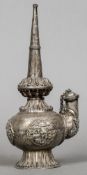An antique Tibetan unmarked silver flask The conical top section above the main body with a lidded