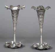 A pair of Indian unmarked silver bud vases Each of flared form,