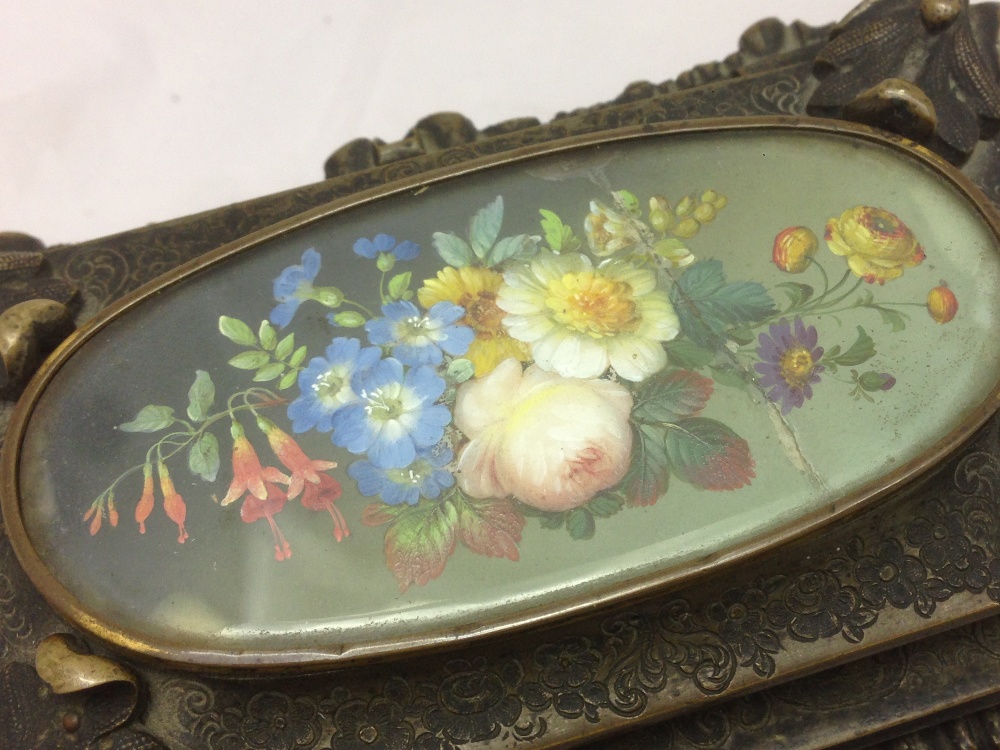 A 19th century painted miniature inset bronze casket The hinged lid inset with a floral miniature, - Image 6 of 16