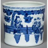 A large 19th century Chinese blue and white brush pot Decorated with courtly figures in a fenced