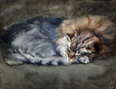 W A (19th/20th century) Sleeping Tabby Watercolour Signed with initials 28.