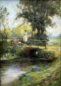 FRANK DICKSON (1862-1936) British Rural River Landscape With Figure on a Bridge Oil on