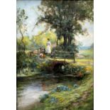 FRANK DICKSON (1862-1936) British Rural River Landscape With Figure on a Bridge Oil on