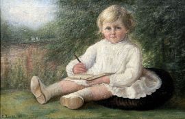 R LUCAS (20th century) Portrait of a Child in a Garden Landscape Oil on canvas Signed and dated