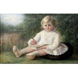 R LUCAS (20th century) Portrait of a Child in a Garden Landscape Oil on canvas Signed and dated