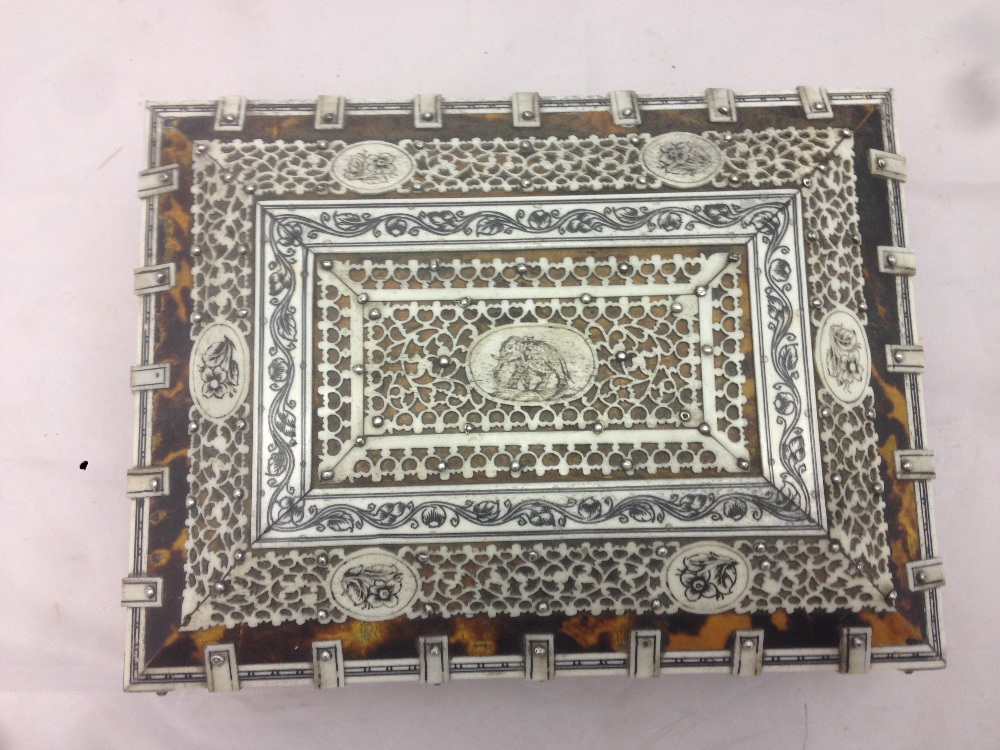 A 19th century Anglo-Indian bone mounted tortoiseshell casket The mounted panels intricately worked - Image 7 of 8