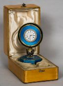 A Russian silver gilt and enamelled diamond set jade desk timepiece, with 88 Zolotnik mark for St.