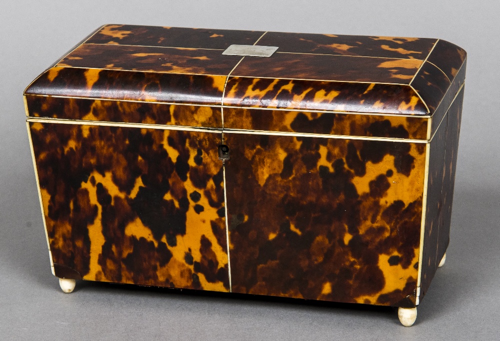 A 19th century tortoiseshell tea caddy The domed hinged rectangular top including two lidded