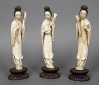 Three late 19th/early 20th century Chinese carved ivory figures Each formed as a female musician