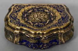 An unmarked gold and blue enamelled trinket box Of bombe form,