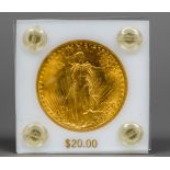 An American 1908 St Gordens $20 (20 dollar) gold coin Perspex cased.