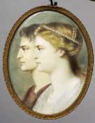 A 19th century miniature portrait on ivory Depicting a male and female classical bust,