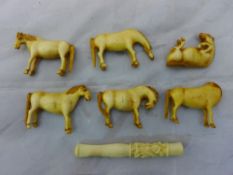 Six late 19th/early 20th century miniature carved ivory horses and a carved ivory cheroot holder