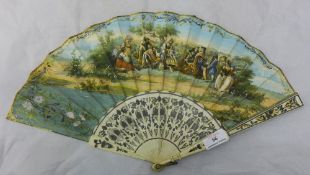 A 19th century French fan with pierced bone guards