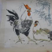 A Chinese scroll decorated with a cockerel and a hen,