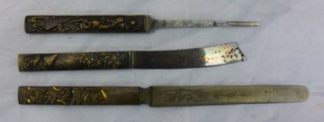 Three Japanese bronze handled knives