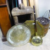 An Indian brass table top and a warming pan