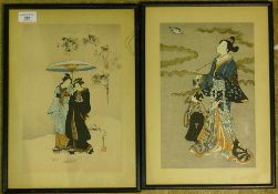 A pair of Japanese prints Both depicting figures in traditional costume,