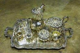 A James Dixon & Sons silver plated tea service and tray together with silver plated condiments