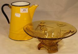 An Art Deco glass bowl and a yellow enamel jug