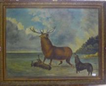 An oil painting of a stag and wolves