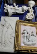 A Parian type figure, framed plaster plaque,