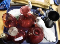 A quantity of coloured glass and ceramics including cranberry