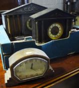 Two Victorian slate mantel clocks and an oak mantel clock