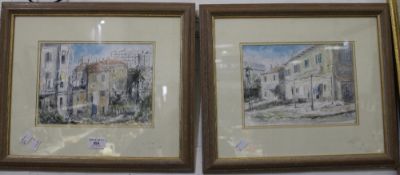 CONTINENTAL SCHOOL (20th century), Urban landscapes, a pair, watercolours, signed with initials,