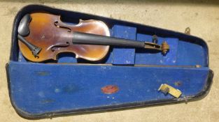 A violin and bow in a Rushworth and Dreaper case,