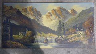 A German oil on canvas, mountainous landscape,