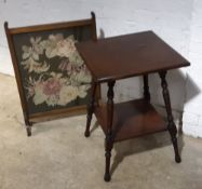 A Victorian walnut side table and a tapestry inset fire screen