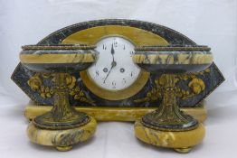 An Art Deco marble clock garniture