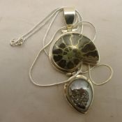 A silver and fossil pendant on a silver chain