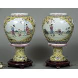 A pair of Chinese famille jaune porcelain lamps Each of two part form,