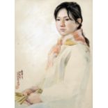 ZHU TONG (20th century) Anglo-Chinese A Girl in Neighbourhood Watercolour Signed with calligraphic