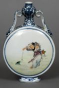 A Chinese porcelain moon flask Decorated with a figure goading a toad opposing two further figures