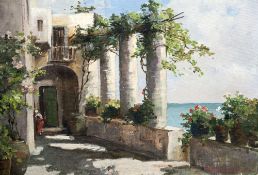 R ROMAGNOLI (19th/20th century) Continental Mediterranean Terrace Oil on canvas Signed 70 x 50 cm,