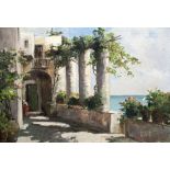 R ROMAGNOLI (19th/20th century) Continental Mediterranean Terrace Oil on canvas Signed 70 x 50 cm,